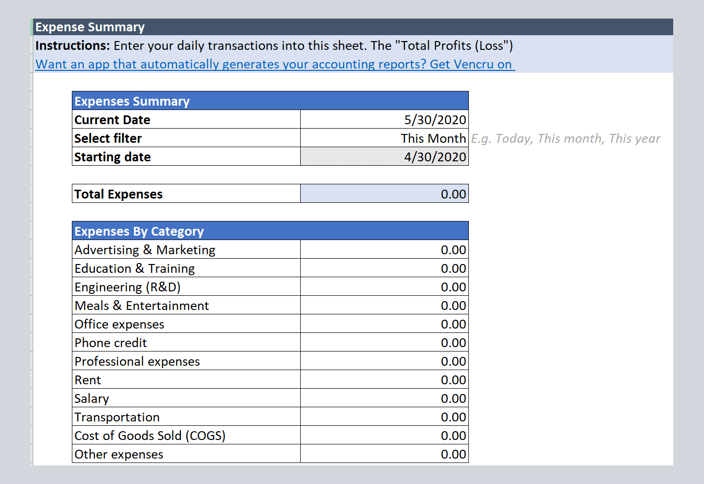 free business income and expense tracker