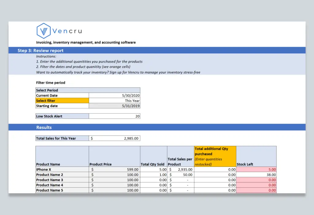 inventory template for product categories