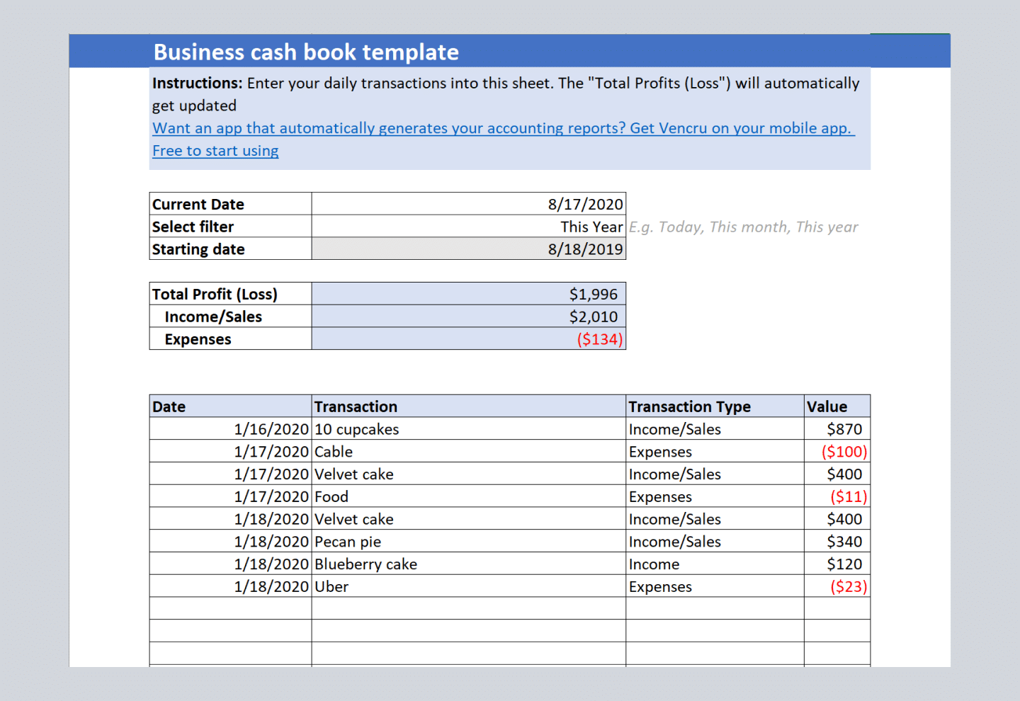 Excel cashbook template Download and edit for your business