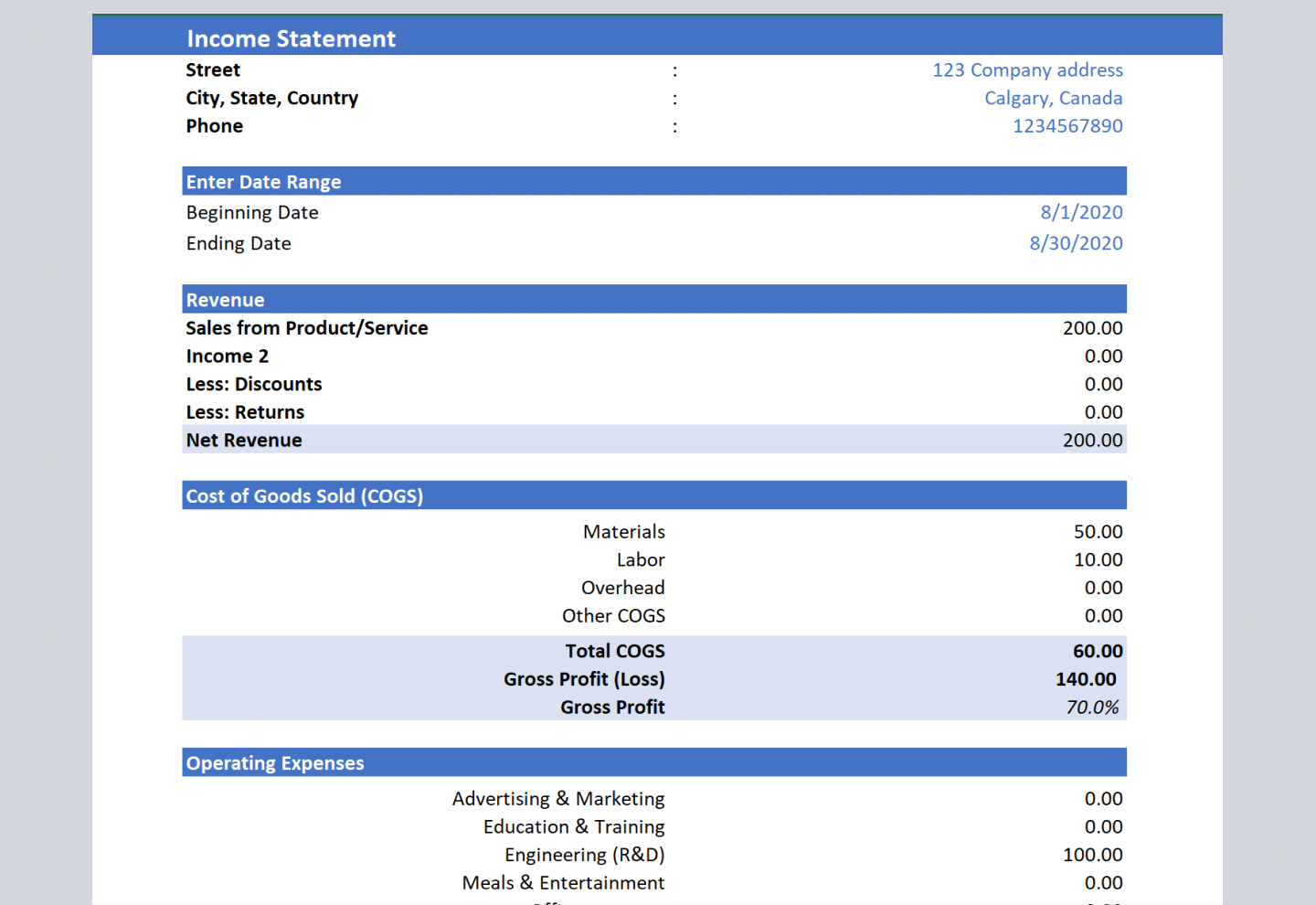 Business Income Statement Excel Template And Google Sheets File For