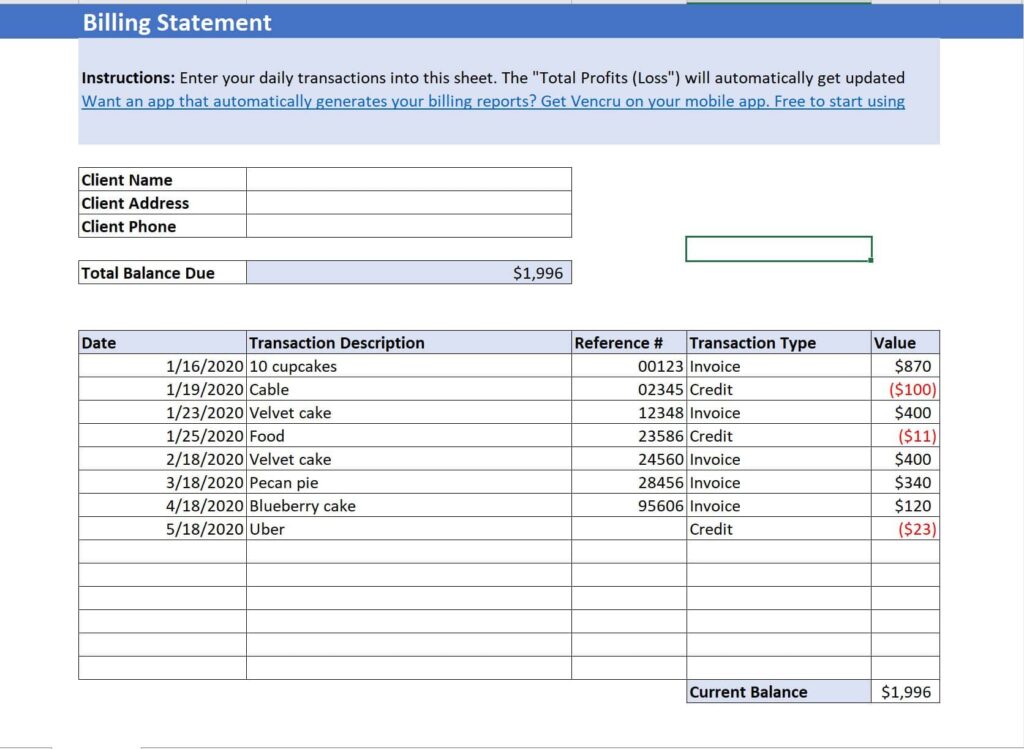 Free Billing Statement Templates Vencru