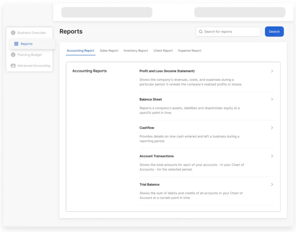 Vencru screenshot showing accounting reports available income statement, statement of financial position, trial balance and more
