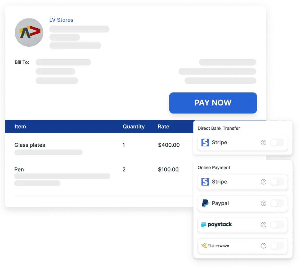Vencru screenshot showing invoicing feature with payment processes available Stripe Paypal Paystack Flutterwave