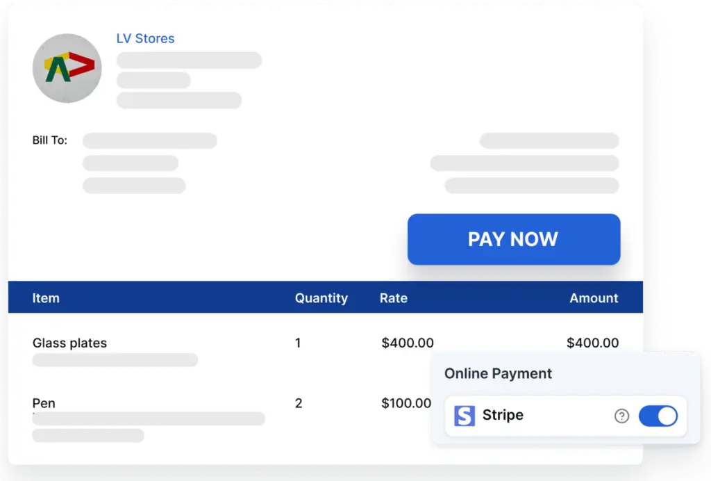 Vencru screenshot showing the invoicing feature with stripe enabled for online payments