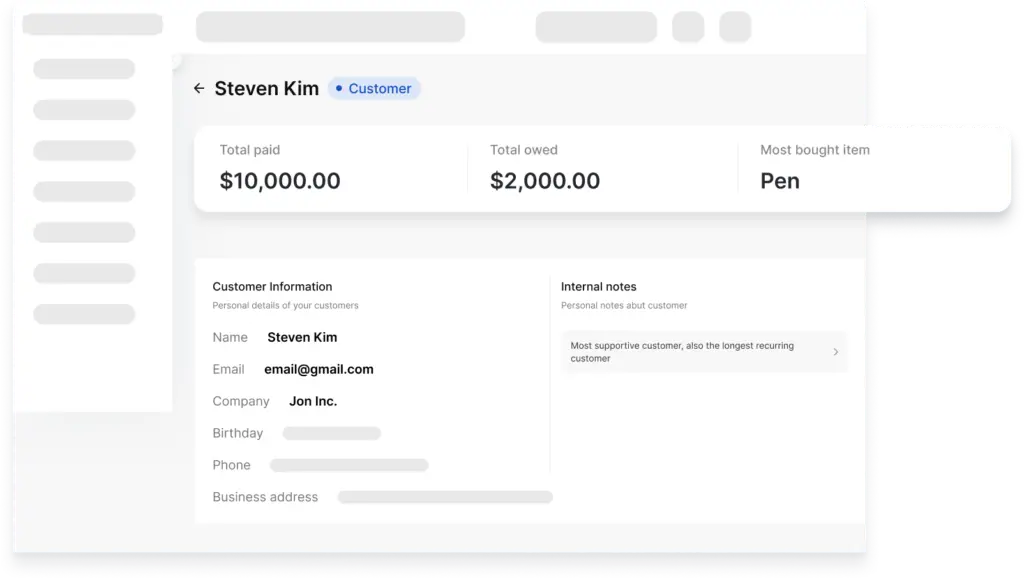 Screenshot of Vencru's customer management dashboard integrated with Sales and Purchase history.