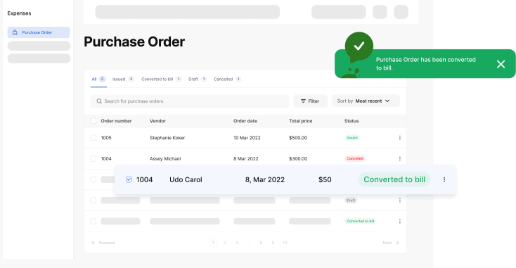 Purchase order software with convert to vendor bill feature