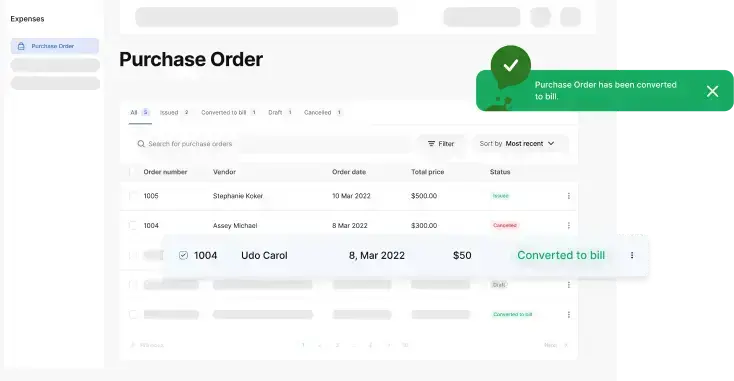 Screenshot showing Vencru's Purchase order software with the ability to convert POs to vendor bill.