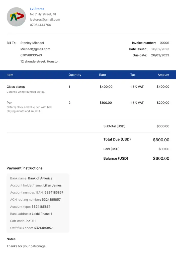 invoice sample for freelance business