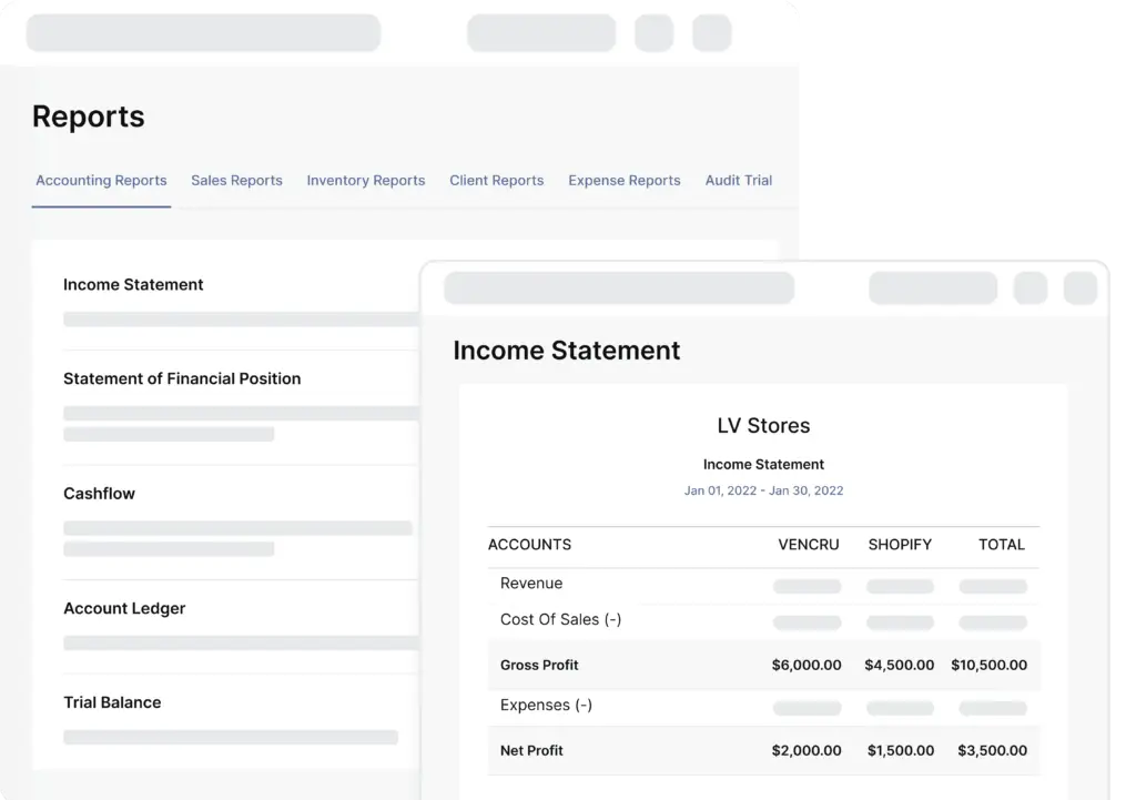 Vencru screenshot showing accounting reports with Shopify sales and expenses integrated to the accounting reports