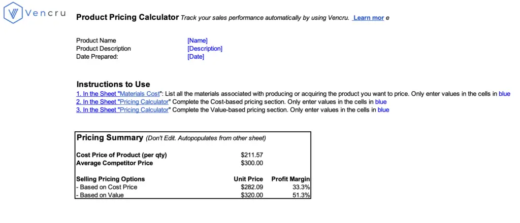 Product Pricing Calculator Template
