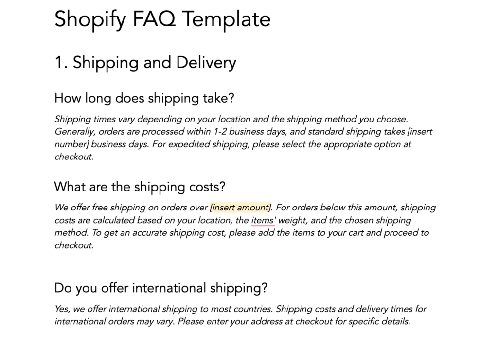 shopify FAQ template