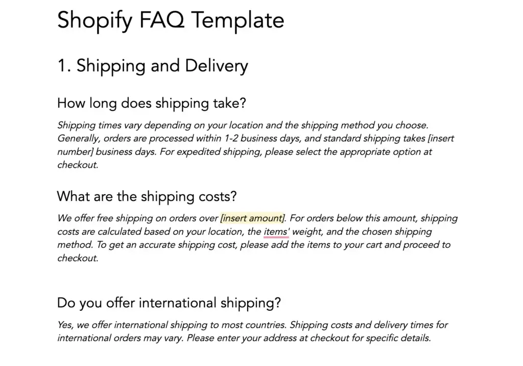 shopify FAQ template