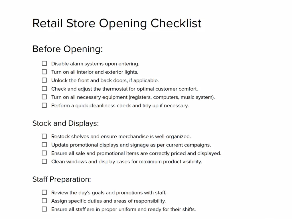 Retail Store Opening Checklist