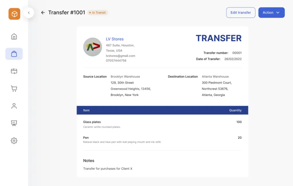 Vencru screen showing a completed stock transfer using the multi-location stock tracking software