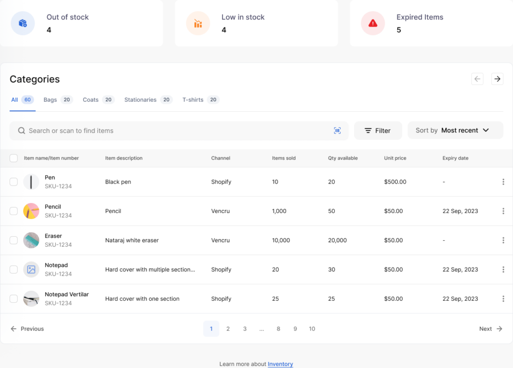 Retail or wholesale Stock tracking on Vencru inventory management software