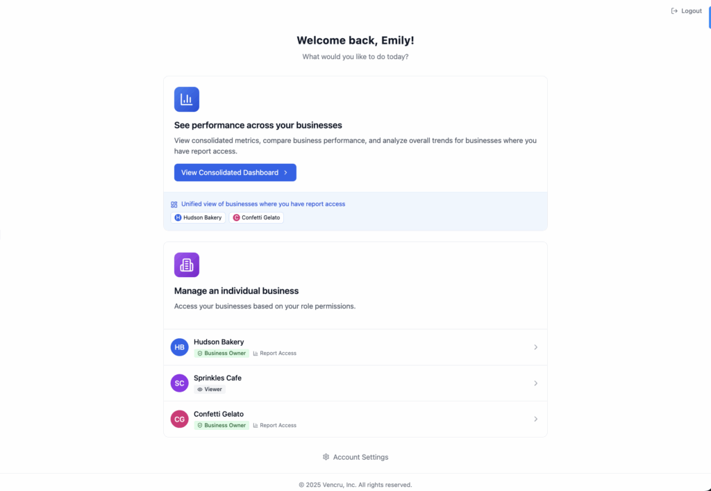 Multi-entity accounting software dashboard