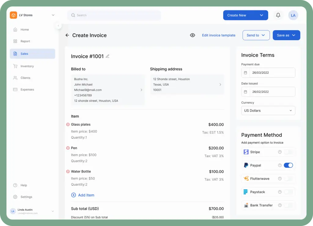 Screenshot of Vencru's create invoice page with Paypal toggle