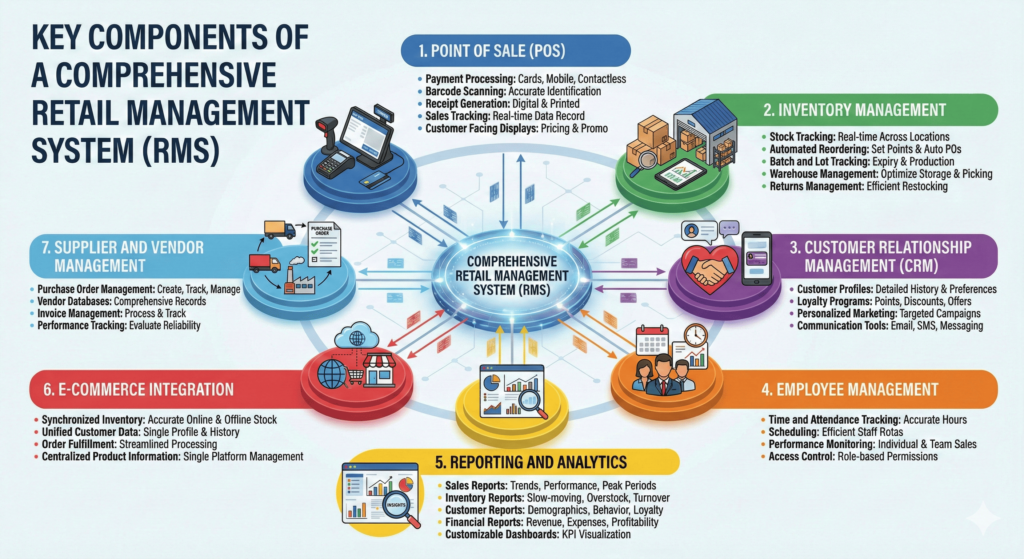 Vencru | Retail Management Systems: Your Complete Guide Image showing the key components of a retail management system, which includes POS, Inventory management, reporting, e-commerce integration etc.