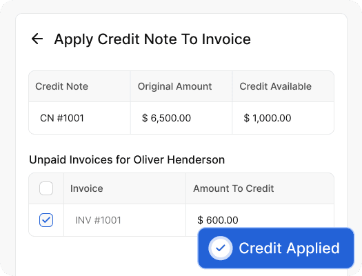 A screenshot showing how to apply a credit note to an invoice