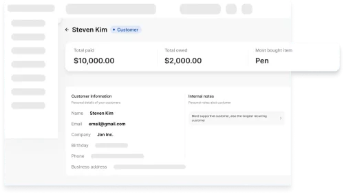 Screenshot of Vencru's customer management dashboard integrated with Sales and Purchase history.